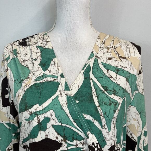Coldwater Creek Blouse Top size Large Green Tan Floral Tropical Jersey Stretch - Picture 2 of 6